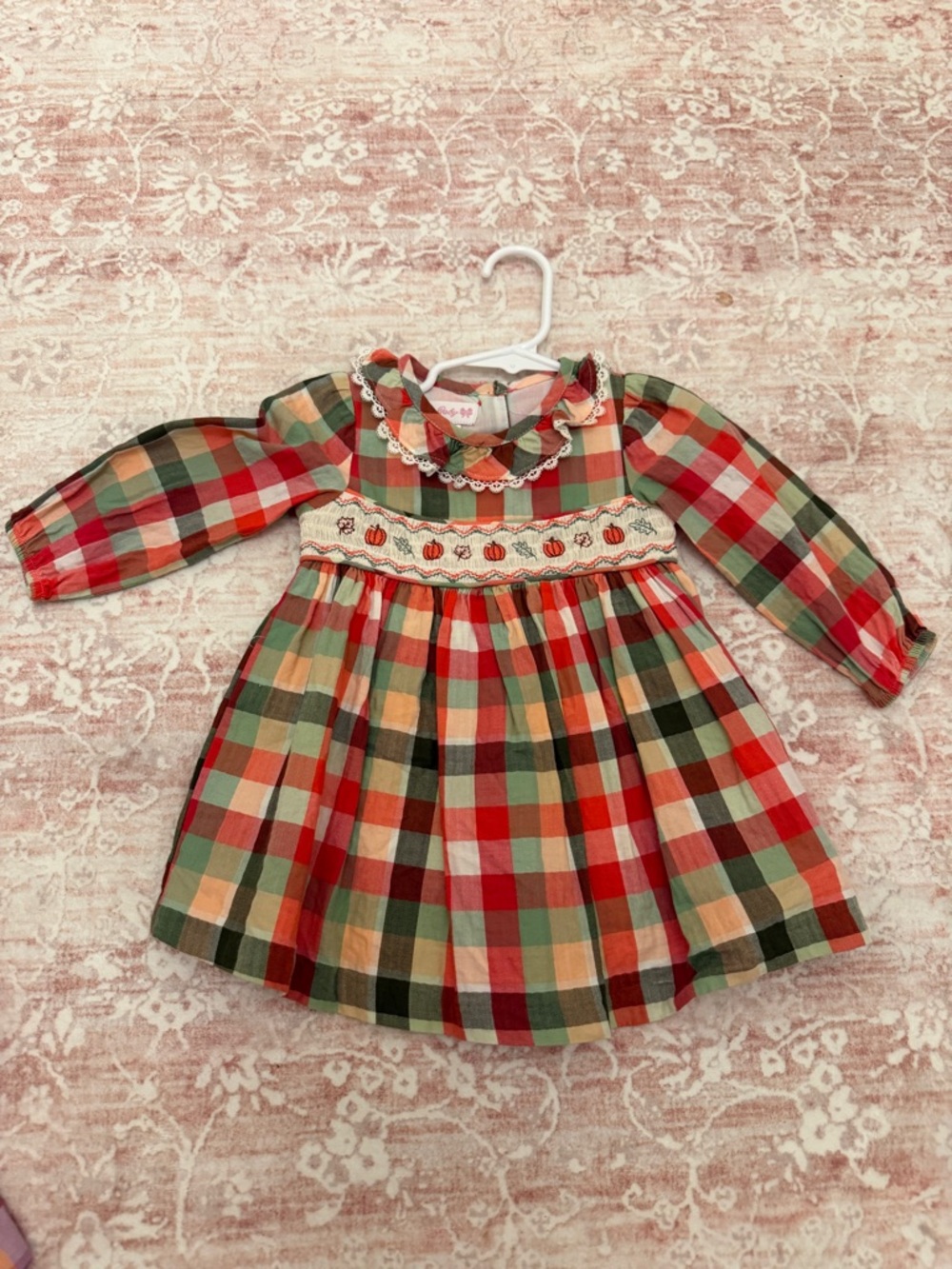 Plaid Smocked Baby Dress with Lace Collar